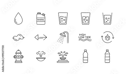 Water utility and plumbing outline icons drop tide shower vector set