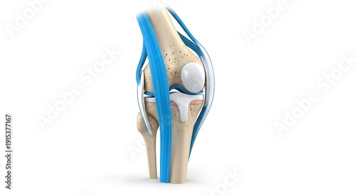 Detailed illustration of the human knee joint anatomy and surrounding structures.