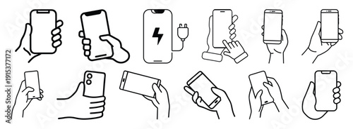 Set of vector illustrations depicting hands holding smartphones in various poses and actions