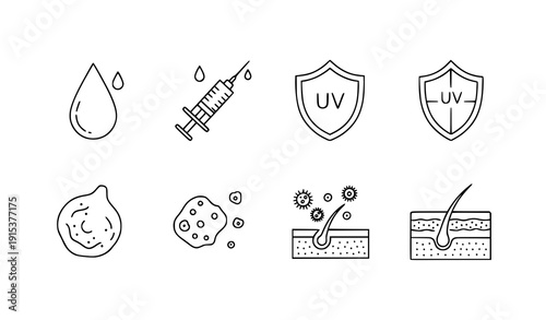 Skin care moisture injection protection line icon set acne UV vector