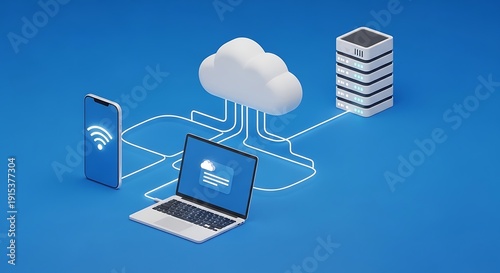 Cloud computing devices connected to a server and database.