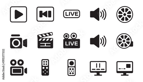 Set of multimedia icons for playback control live streaming sound recording and broadcasting equipment