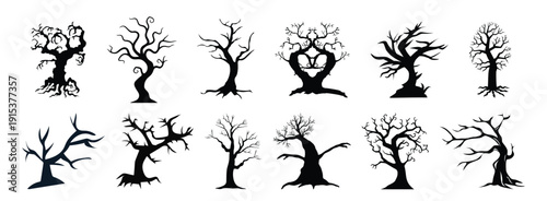 Collection of spooky bare tree silhouettes in a vector illustration style