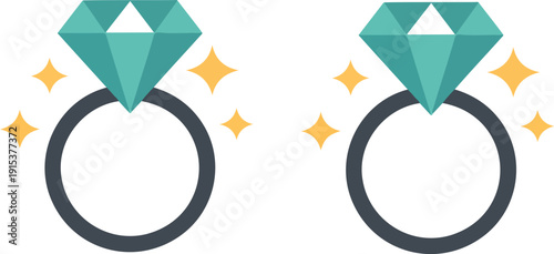A minimalist illustration of a ring with a large turquoise diamond on a light gray background.