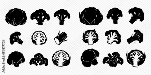 Cauliflower vegetable silhouettes set, whole and cut pieces of healthy food, black and white vector illustration.