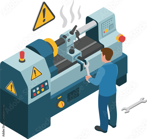 Industrial technician operating metal lathe machine with safety warning signs, factory manufacturing engineering equipment workshop production process illustration concept