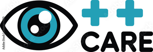A minimalist logo design featuring a large stylized eye in black and turquoise blue.