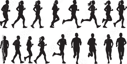 Running and Jogging People Silhouette Set - Men and Women Athletes in Motion for Fitness and Sports Design