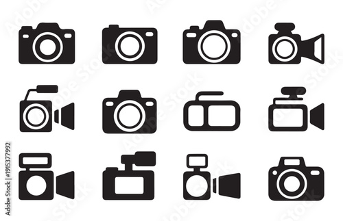 Camera icon set for photography and videography, including various digital camera and video camera designs