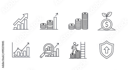 Financial Growth and Investment Icons: Coins, Charts, and Success