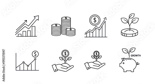 Financial Growth Icons: Business, Investment, Savings, and Profit Concepts