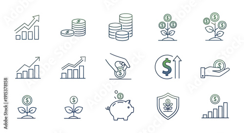 Financial Growth Icons: Investment, Savings, and Profitability Symbols