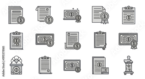 Financial Documents Icons: Certificates, Contracts, Bills, Money & Coins