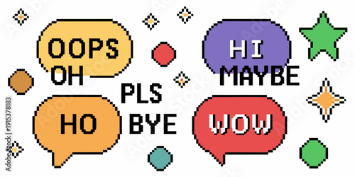 Pixelated speech bubbles display various playful expressions and short phrases