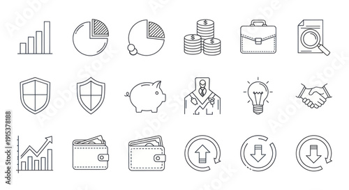 Financial Icons Set: Business, Investment, Growth, Savings, Security, Ideas