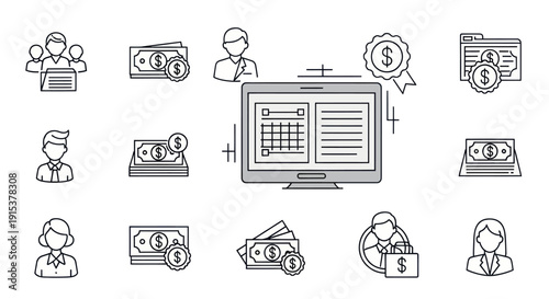 Financial Management Icons: Computer, Money, People, Workflow, Success