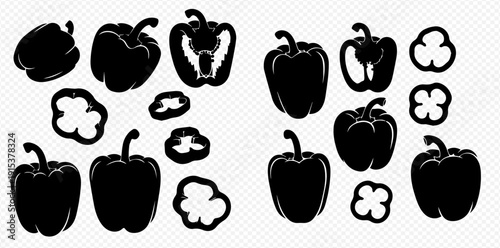 Set of black pepper silhouettes including whole, half, and sliced bell peppers, perfect for culinary designs and healthy eating concepts.