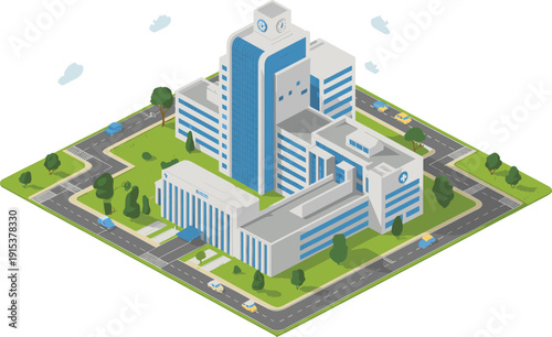 Isometric modern hospital complex with medical buildings, clock tower, healthcare infrastructure, urban city medical center illustration background concept
