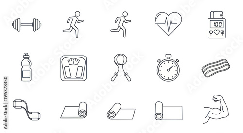 Fitness and Health Icons Set: Dumbbell, Running, Heartbeat, Scale, Yoga Mat, Water Bottle