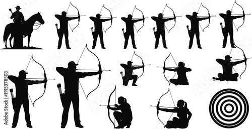 Archer silhouette set with bow and arrow target practice hunting sport vector illustration isolated collection design