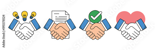 Business partnership and agreement concepts with handshake icons showcasing ideas, contracts, and successful deals