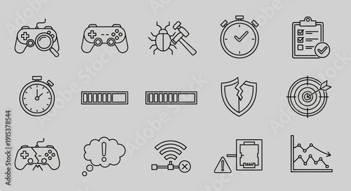 Gaming Icons: Controller, Bug, Stopwatch, Checklist, Loading Bars, Shield, Target, Wifi