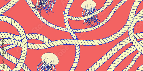 Ropes and jellyfish pattern against a vibrant coral background