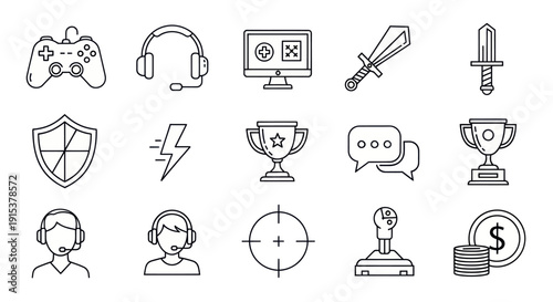 Gaming Icons Set: Controller, Headset, Monitor, Sword, Shield, Trophy, Chat