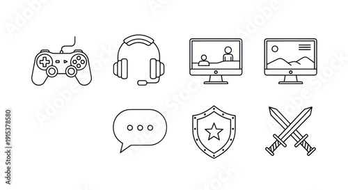 Gaming Icons Set: Controller, Headset, Monitor, Chat, Shield, Swords