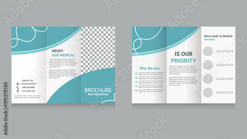 Modern Medical Healthcare Trifold Brochure Template with Blue Abstract Shapes. Professional vector trifold brochure layout for medical clinics, hospitals,