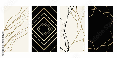 Four abstract panels featuring geometric and organic line patterns
