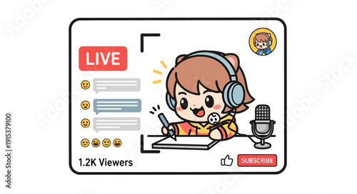 Charming streamer girl illustration broadcasting live cartoon-style artwork for digital contents