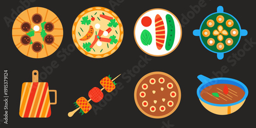 Colorful flat lay illustration depicting various foods and cooking utensils