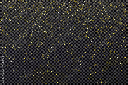 Golden glitter particles scattered on a transparent checkered background
