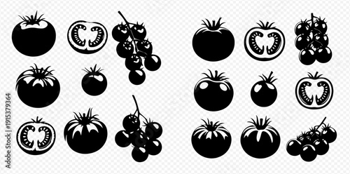Set of black and white tomato icons, including whole, sliced, and cherry varieties, on a transparent background.