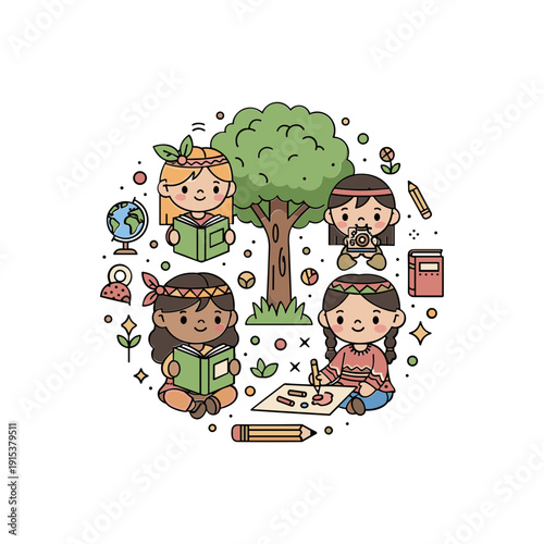 Diverse children learning together outdoors.