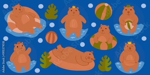 Cute bears enjoying summer activities with beach balls and foliage