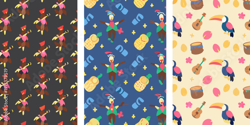 Tropical bird and fruit seamless patterns in vibrant colors