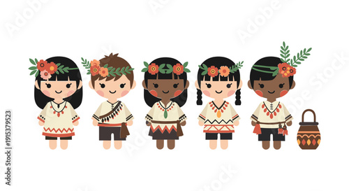 Diverse children in traditional clothing.