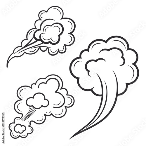 A whimsical illustration of three distinct cloud formations with varying shapes and sizes. Vector