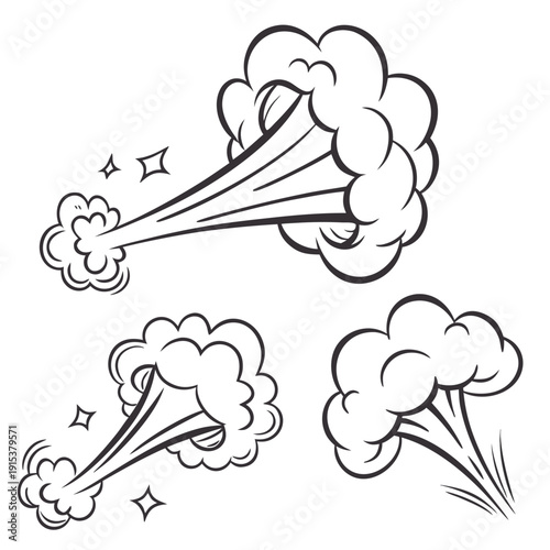 A whimsical illustration of three rockets launching into the sky with clouds Vector