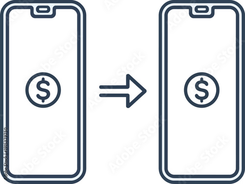 Vector illustration of two smartphones transferring money with dollar sign icons on screen isolated on transparent background
