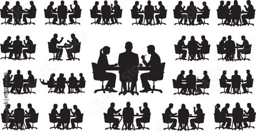 Business Meeting and Team Collaboration Silhouette Set - Office Professionals Group Discussion and Consulting Icons