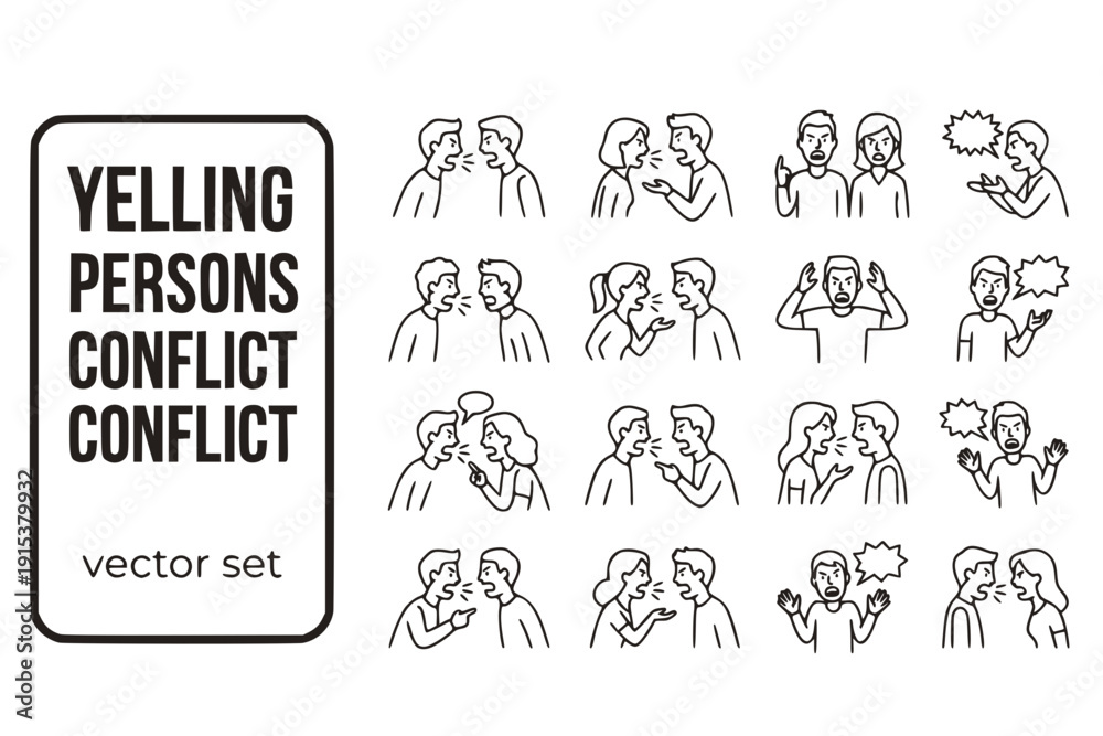Fototapeta premium Yelling Persons Conflict Arguing Disagreeing Persons-Arguing Yelling-Conflict Disagreement Conflict-Persons Argument-Yelling Vector Set - Conflict Argument