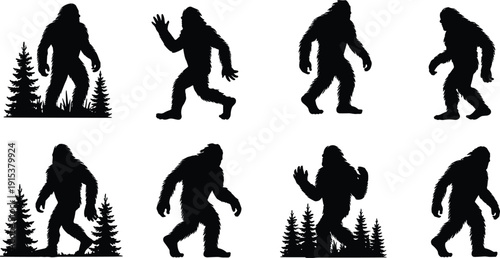 Bigfoot sasquatch silhouettes in forest scenes with multiple walking poses isolated on white background mythical cryptid vector illustration set