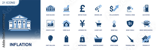 Inflation icon set. Containing bank building, bar chart, growth, pound, yen, dollar rise, price tag, shopping basket, money bag, crisis, trend up, trend down, and more. Solid fill vector icons collect