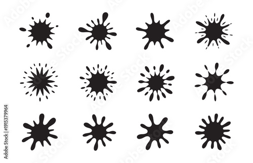 Black ink blot splash set paint drops splatters collection graphic elements on white background