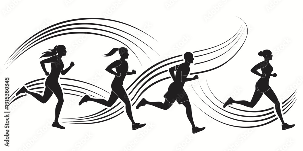 Obraz premium Group of people running with dynamic motion lines and abstract elements Vector