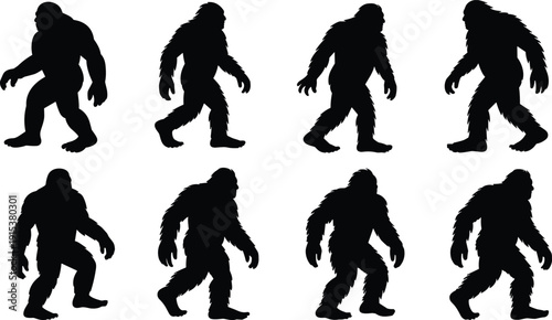 Bigfoot sasquatch silhouette collection with multiple walking poses isolated on white background mythical cryptid vector illustration set