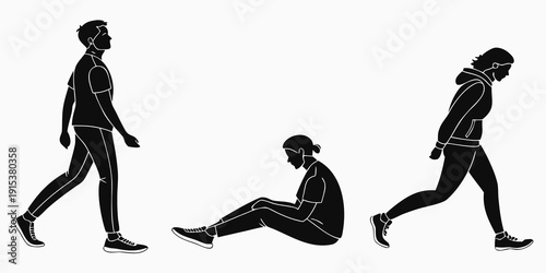 Three individuals demonstrating different types of physical exercises and movements. Vector